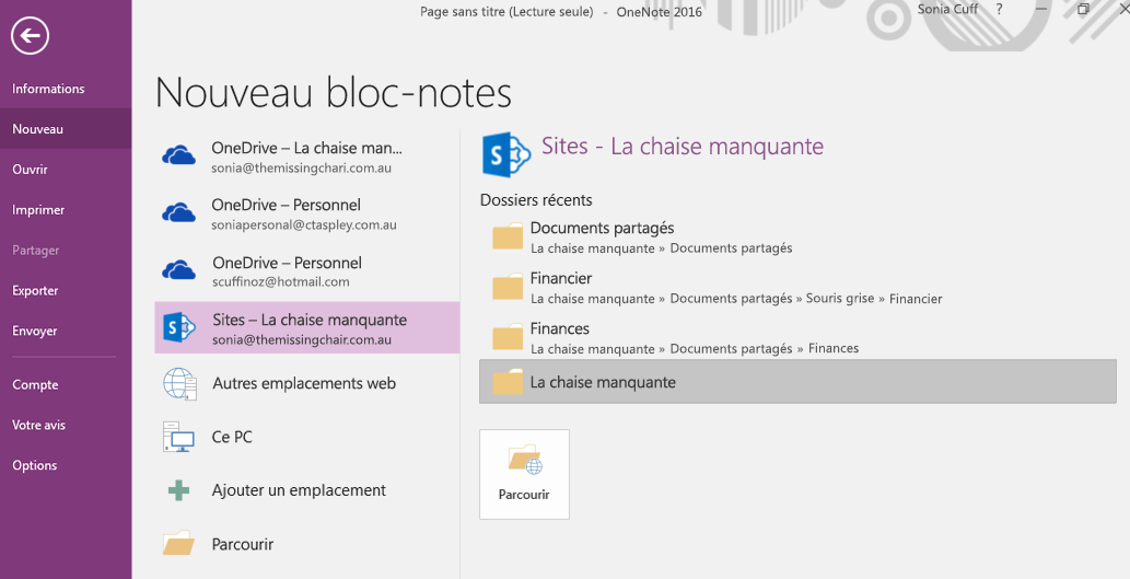OneNote pour Windows 2016 - Interface de sélection d’un nouveau dossier de bloc-notes