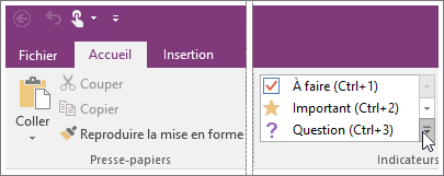 Capture d'écran de la liste des indicateurs dans OneNote 2016.