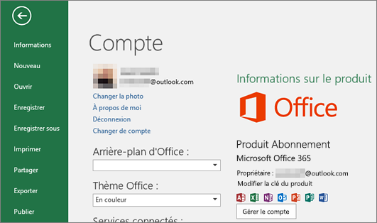 Le compte Microsoft associé à Office apparaît dans la fenêtre Compte d’une application Office