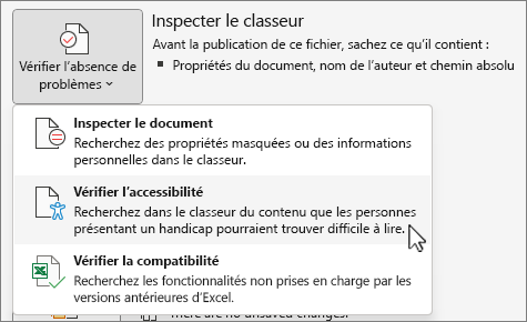 Rechercher les problèmes et vérifier l’élément de menu d’accessibilité