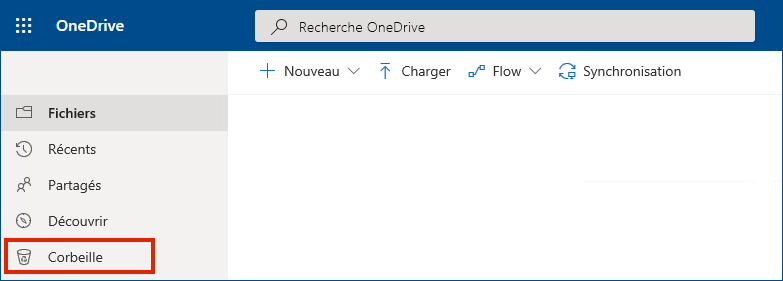 OneDrive Entreprise en ligne avec la corbeille dans le menu de gauche