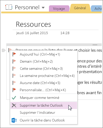 Capture d’écran de la suppression d’une tâche Outlook dans OneNote 2016