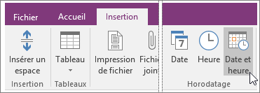 Capture d’écran du bouton Date et heure dans OneNote 2016