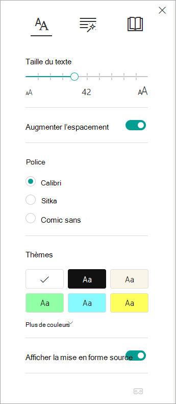 Menu Options de texte dans Lecteur immersif.