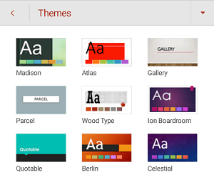 Menu Thèmes dans PowerPoint pour Android.