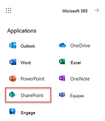 Capture d’écran montrant comment lancer SharePoint à partir de M365