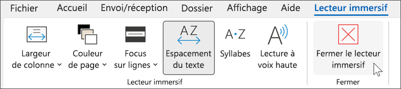 Outil lecteur immersif dans Outlook avec le curseur pointant sur « fermer »