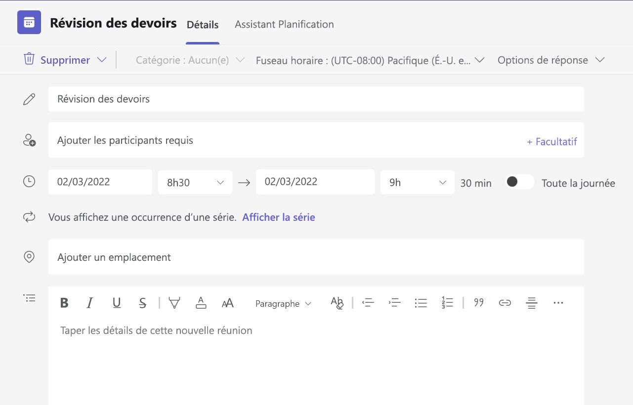 Capture d'écran de l'absence de détails de la réunion dans la version Web de Teams