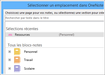 Capture d’écran de la fenêtre OneNote dans laquelle vous pouvez choisir la page dans laquelle prendre des notes Skype