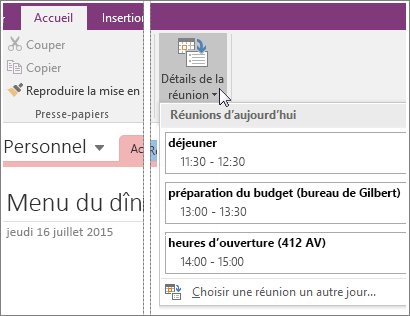 Capture d’écran du bouton Détails de la réunion dans OneNote 2016