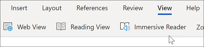 Capture d’écran de la navigation supérieure de Word Online, la vue a été sélectionnée et le curseur pointe sur le lecteur immersif