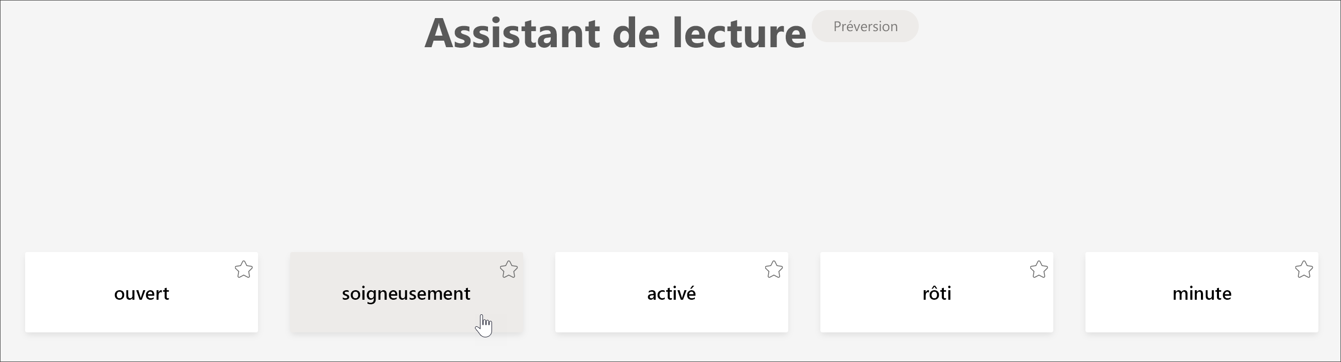 capture d’écran de la vue étudiant de l’assistant de lecture montrant les 5 mots les plus problématiques d’un étudiant avec le curseur pointant sur le mot « avec précaution »