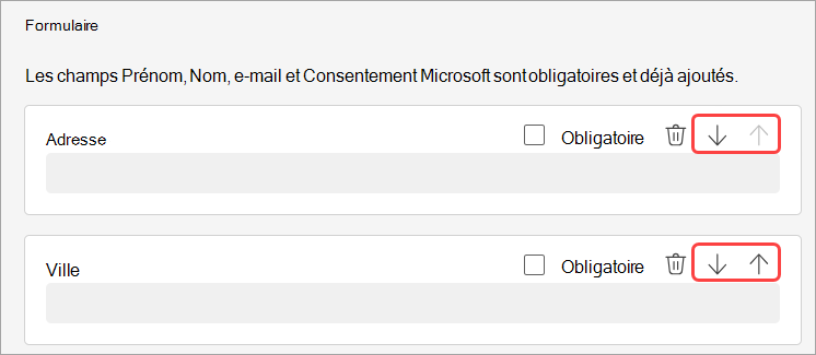 Capture d’écran montrant comment réorganiser les questions d’inscription pour un webinaire.