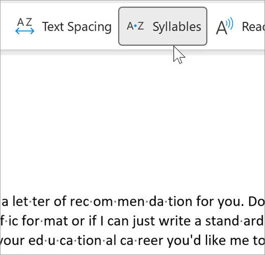 Capture d’écran de la fonctionnalité Syllabe du lecteur immersif sélectionné et montrant quelques mots dans un e-mail séparés en syllabes. la recommandation de mot est affichée sous forme de point de rec dot om dot men dot da dotation