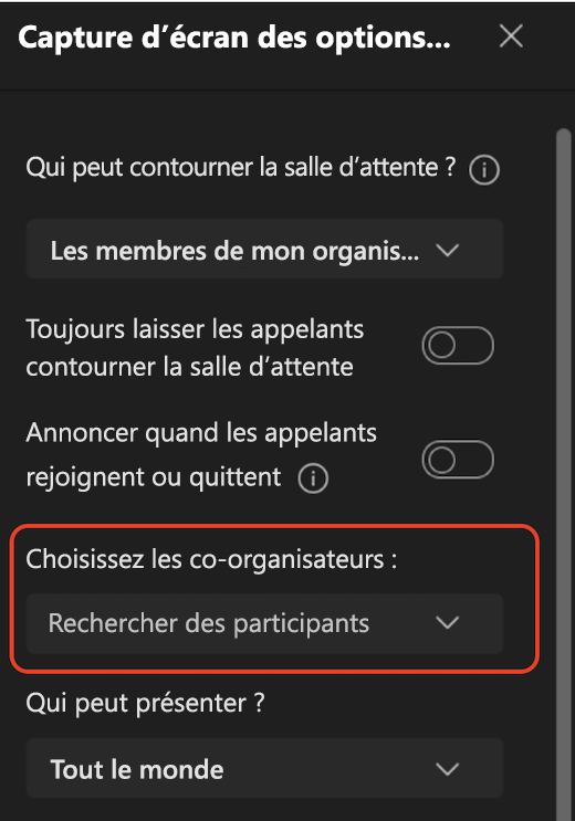 Interface utilisateur des options de réunion