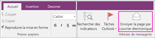 Capture d’écran du bouton Envoyer la page par courrier électronique dans OneNote 2016