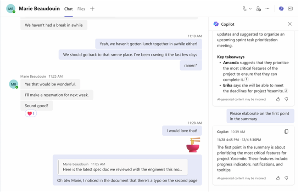 Poursuivez la conversation avec Copilot dans le chat Teams.