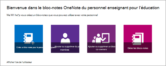 Capture d’écran des options de gestion des blocs-notes du personnel enseignant dans l’application Notebook du personnel enseignant.