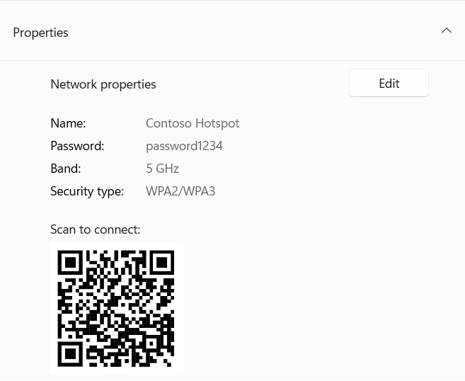 Capture d’écran d’un code QR utilisé pour se connecter à un appareil Windows faisant office de point d’accès.