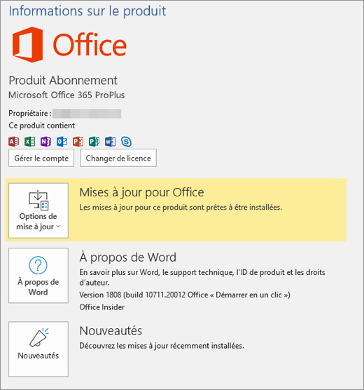 Affiche le mode Backstage d’Office 365