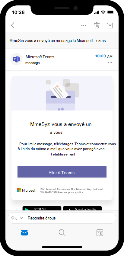 Capture d’écran d’un e-mail sur un appareil mobile invitant un parent à ouvrir le message de l’enseignant dans Teams. 