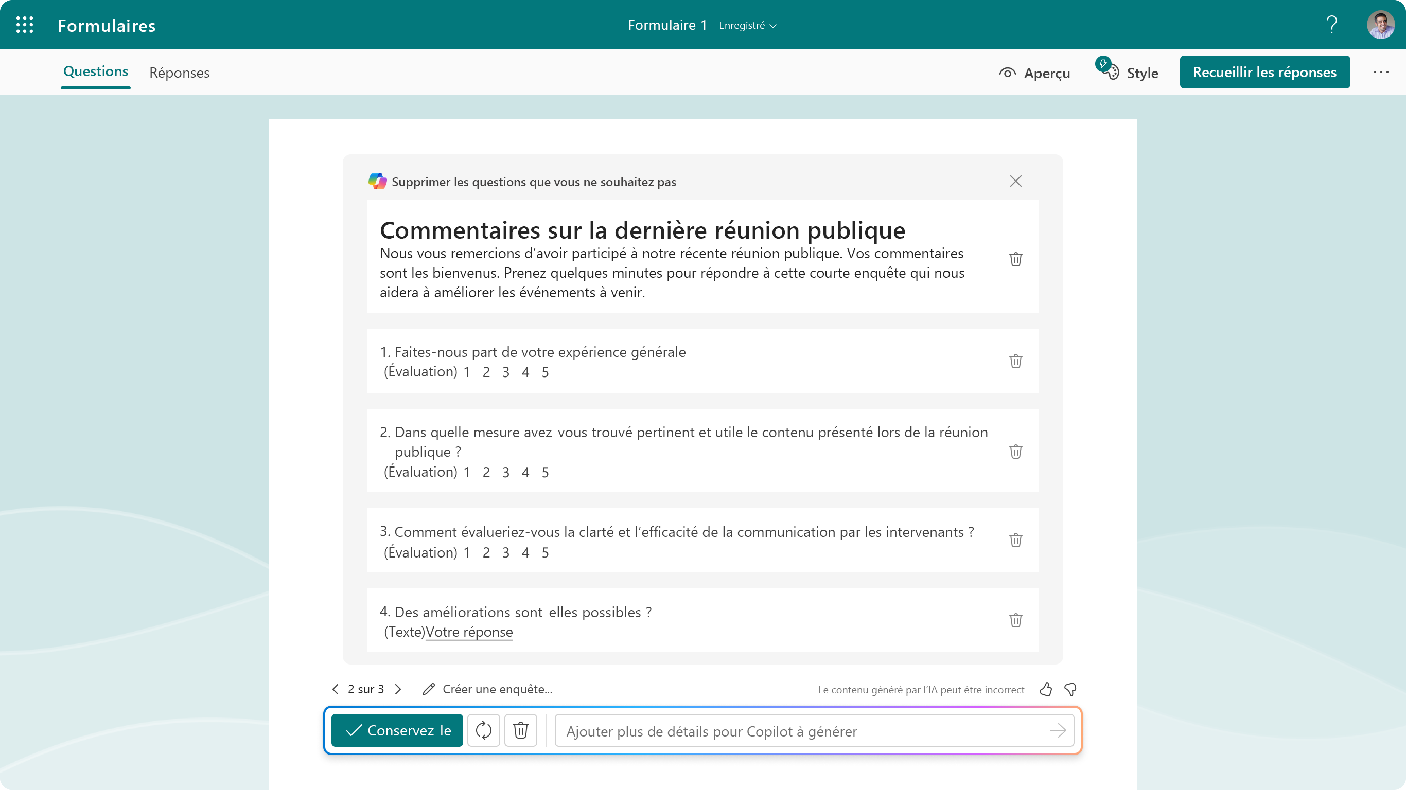 Capture d’écran montrant les questions suggérées pour Copilot dans Forms