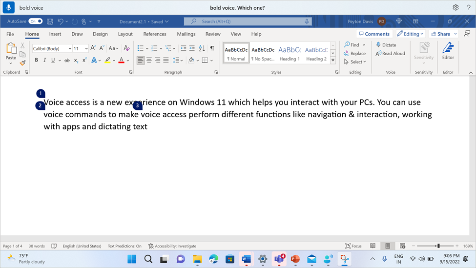 Word document montrant la commande d’accès vocal « Gras ».