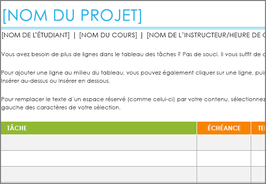 Ancien modèle Liste des tâches de projet avec une police minimale de 8,5 points.