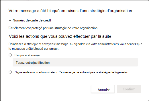 Remplacer les options de la stratégie de protection contre la perte de données organisationnelles