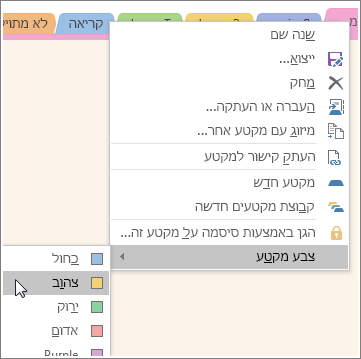 צילום מסך של אופן שינוי צבע מקטע ב- OneNote 2016.