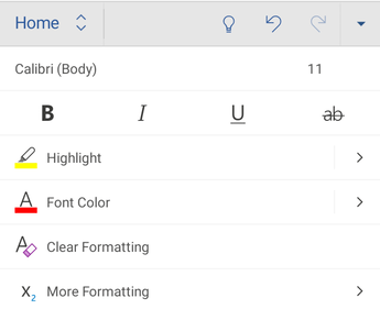 אפשרויות עיצוב גופן ב- Word עבור Android.