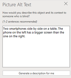 החלונית 'טקסט חלופי של תמונה' ב- PowerPoint באינטרנט.