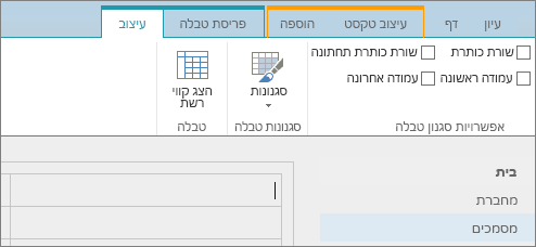 צילום מסך של רצועת הכלים של SharePoint Online. השתמש בכרטיסיה 'עיצוב' כדי לבחור תיבות סימון עבור שורת כותרת עליונה, שורת כותרת תחתונה, עמודה ראשונה ועמודה אח‏רונה בטבלה, וכן כדי לבחור מתוך סגנונות טבלה ולציין אם הטבלה משתמשת בקווי רשת.