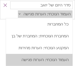 הצגת הרשימה הנפתחת של החיפוש עם אפשרויות טווח, כאשר האפשרות 'העמוד הנוכחי' פעילה.