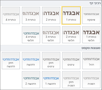 צילום מסך של רכיבי דף וסגנונות טקסט הזמינים בקבוצה 'סגנונות' ברצועת הכלים של SharePoint Online.