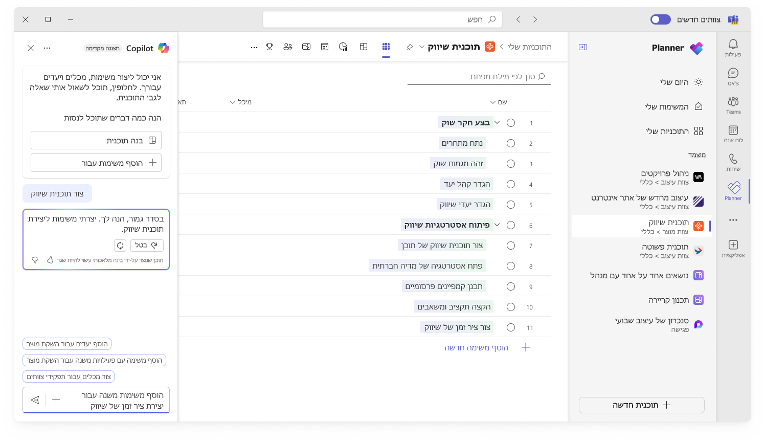 צילום מסך שמציג יצירת תוכנית חדשה בממשק המשתמש של Copilot ב- Planner.