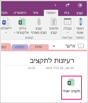 צילום מסך של גיליון אלקטרוני מצורף ב- OneNote 2016.