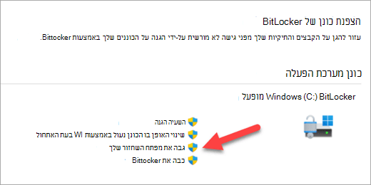 האפליקציה 'ניהול הצפנת BitLocker' עם חץ המצביע על האפשרות לגבות את מפתח השחזור של BitLocker.