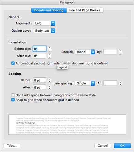 תיבת הדו-שיח 'פיסקה' ב- Outlook עבור Mac.