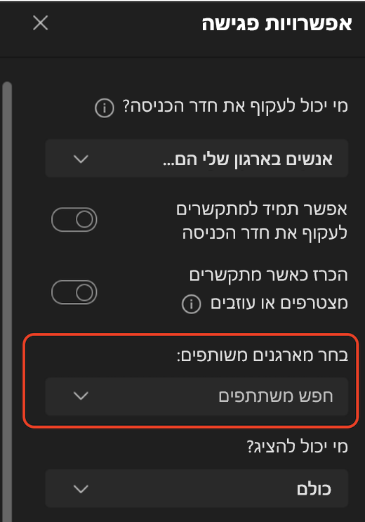 ממשק משתמש של אפשרויות פגישה