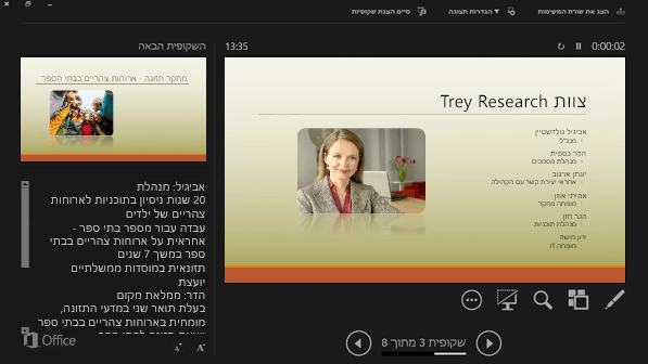 תצוגת המגיש ב- PowerPoint 2016, עם מעגל סביב הערות הדובר