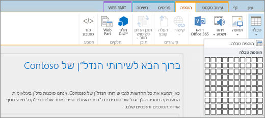 צילום מסך של רצועת הכלים של SharePoint Online. בחר את הכרטיסיה 'הוספה' ולאחר מכן בחר 'הוספת טבלה' כדי לציין את מספר השורות והעמודות עבור הטבלה החדשה.