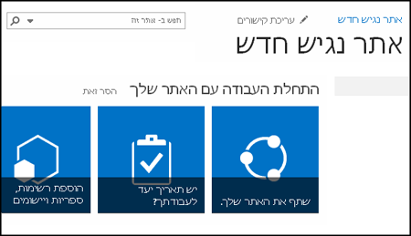 צילום מסך של אתר SharePoint החדש המציג משבצות המשמשות להתאמה אישית של האתר