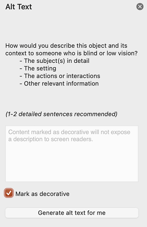 תיבת הסימון 'סמן כדקורטיבי' שנבחרה בחלונית 'טקסט חלופי' ב- PowerPoint עבור Mac.