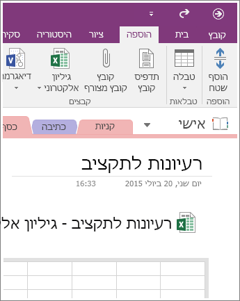 צילום מסך של גיליון אלקטרוני חדש ב- OneNote 2016.