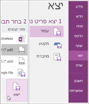 צילום מסך של ייצוא עמוד הערות ב- OneNote 2016.