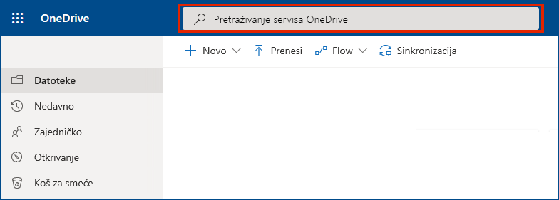 OneDrive za tvrtke online s trakom za pretraživanje pri vrhu