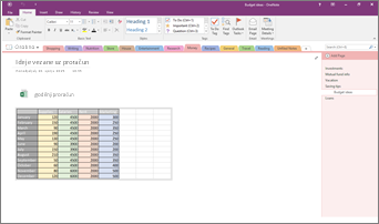 Snimka zaslona bilježnice programa OneNote 2016 s ugrađenom proračunskom tablicom programa Excel.