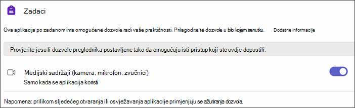 Snimka zaslona s postavkama aplikacije Teams nakon odabira dozvola za aplikacije. prikazuje se postavka Medijski sadržaji s preklopnim gumbom.