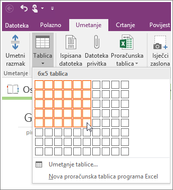 Screenshot of how to add a table in OneNote 2016.